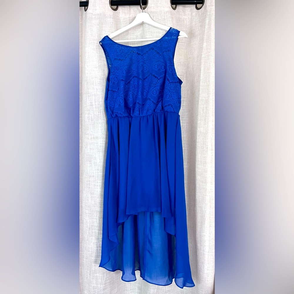 Bright blue flowy Bisou Bisou high low dress